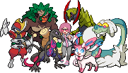 sprite of a customized sword/shield male protagonist alongside a sylveon, rillaboom, bisharp, haxorus, drampa, and salazzle